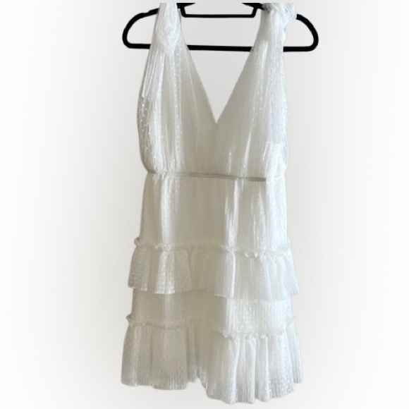HER EMPIRE White Ruffled Tiered Mini Dress Size Large | Deep V Neck - Picture 4 of 8